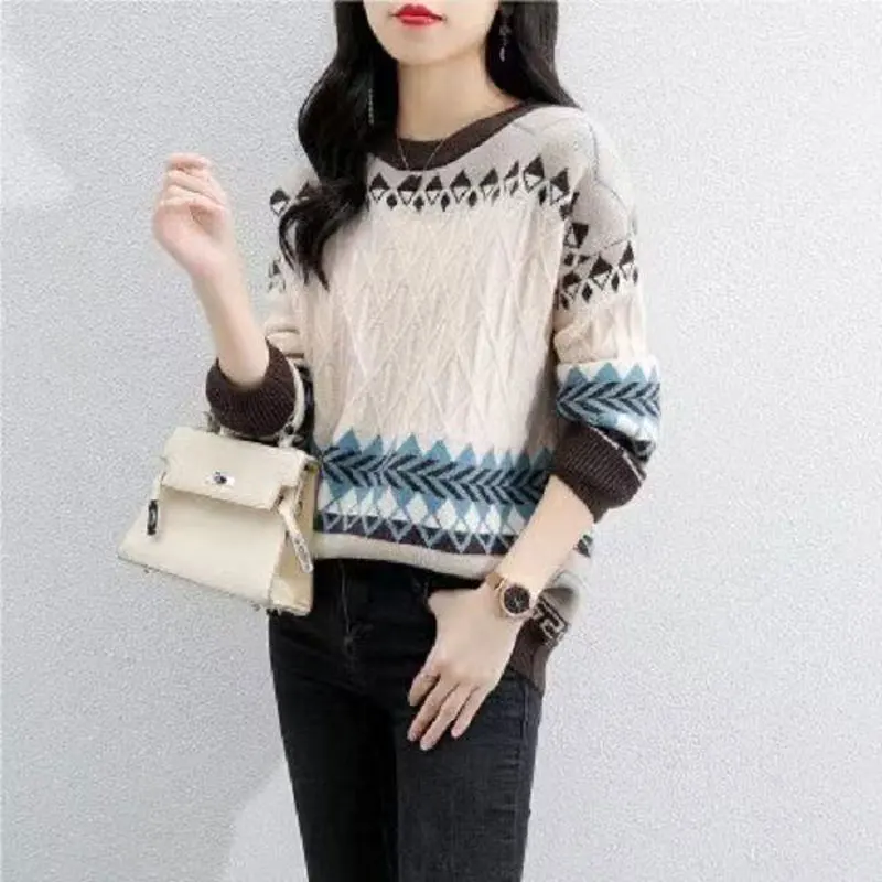 Streetwear Argyle Contrasting Colors Sweaters Women's Clothing Spliced Fashion Autumn Winter Loose Round Neck Knitted Jumpers