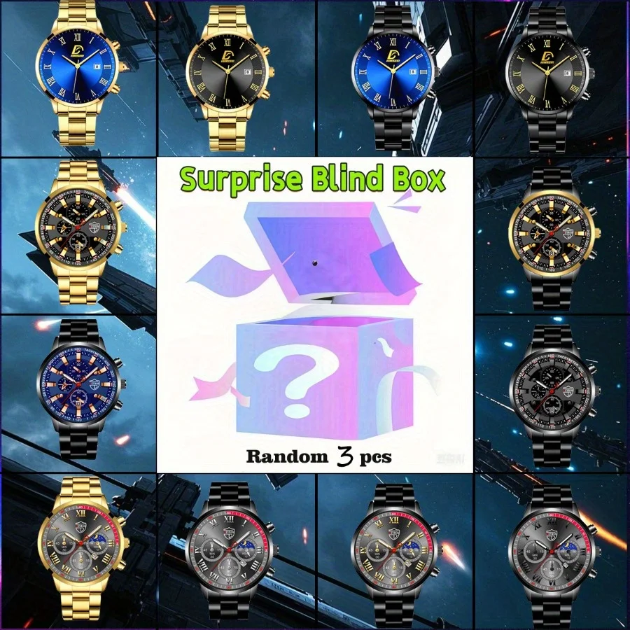 Mystery Box Random 3 Pieces  Men's Fashion Round Quartz Watch  Suitable for Daily Casual Wear  Valentine's Day Ideal Gift