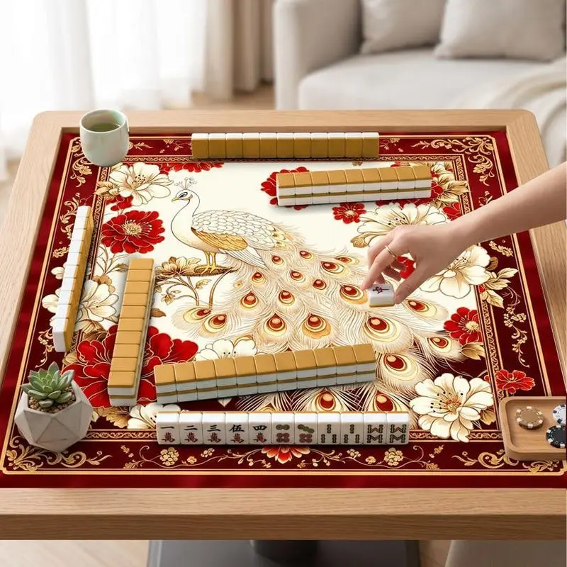 VIKAMA Red Peacock Floral Mahjong Mat Soft Shock Absorb Pad Family Party American Mahjong Poker Table Cover