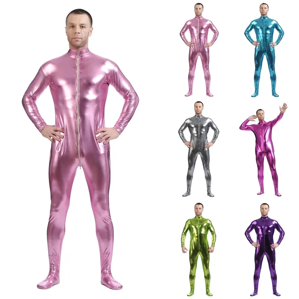 

Full Bodysuit Costume Zipper Men Tights Leotard Unitard Shiny Jumpsuits Without Hood Stage Performance Clothing Rave Clubwear