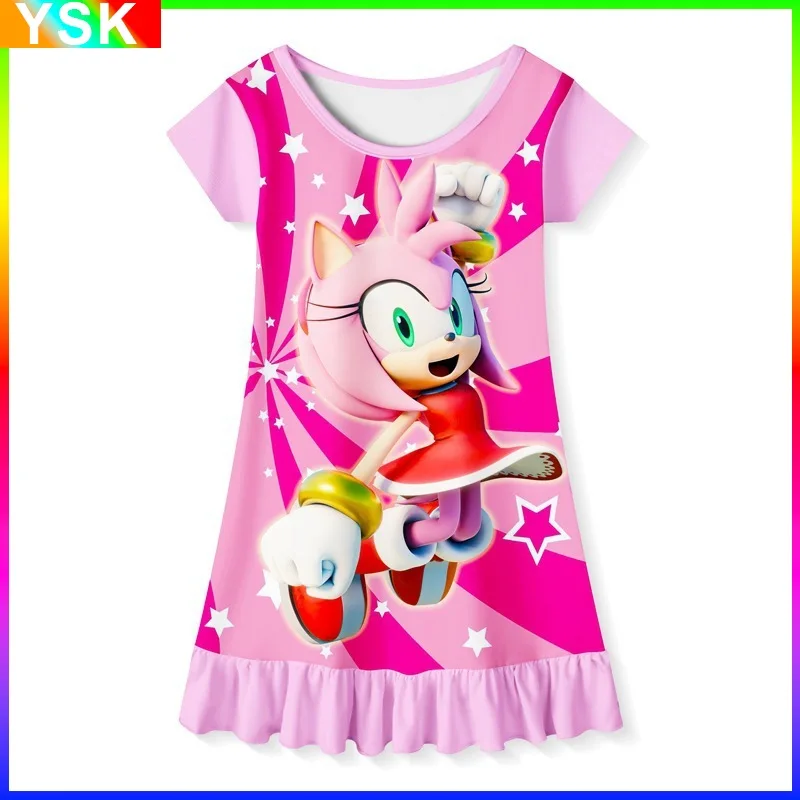 

DSonic The Hedgehog Cartoon Sonic Children's Short-sleeved Nightdress Ruffled Princess Dress Comfortable and Casual