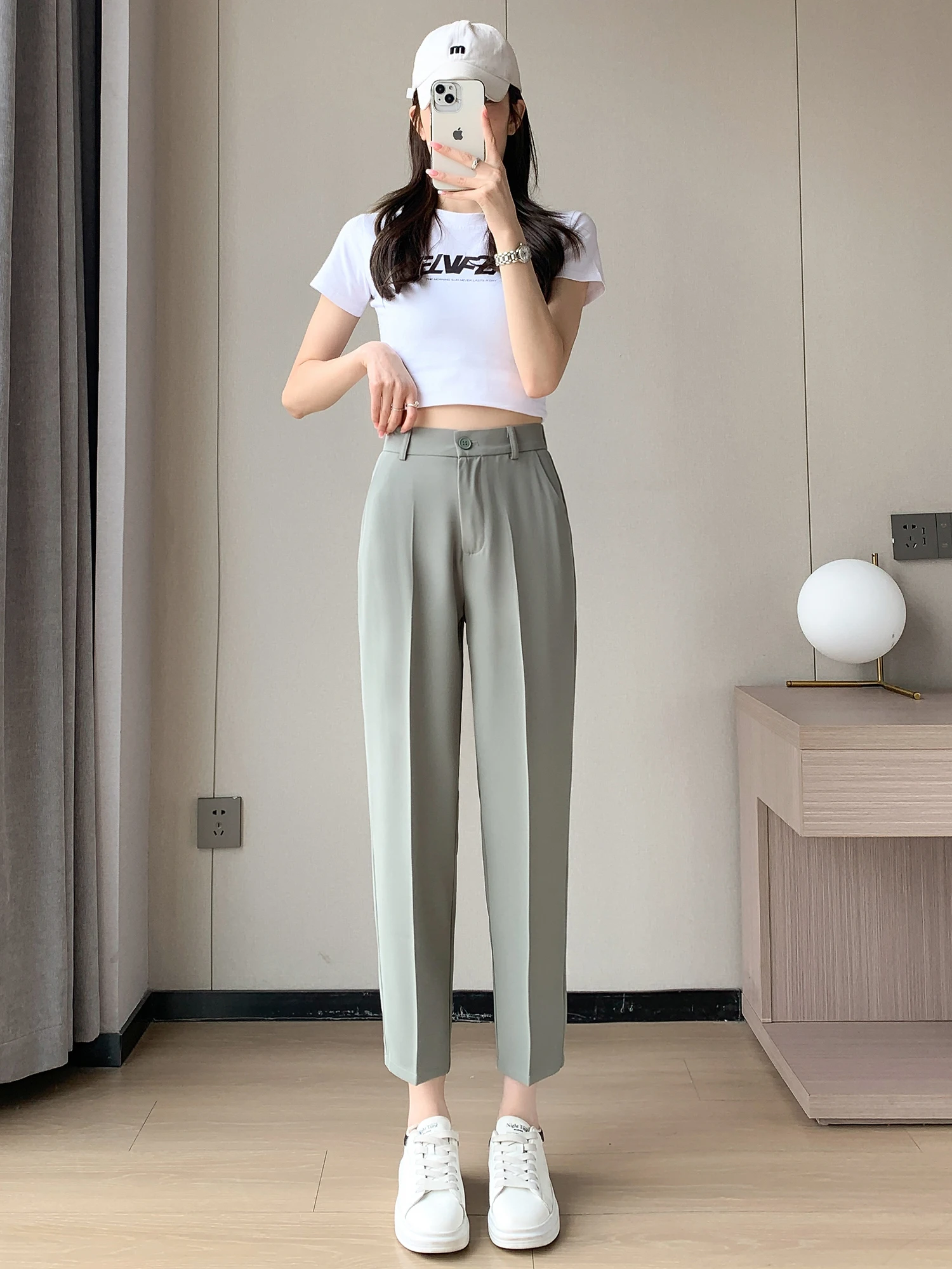 ارتفاع الخصر سليم صالح سراويل تقليدية المرأة Faion 2025 جديد Sle مستقيم الساق تسع نقاط بنطلون تنوعا عالية الخصر السراويل