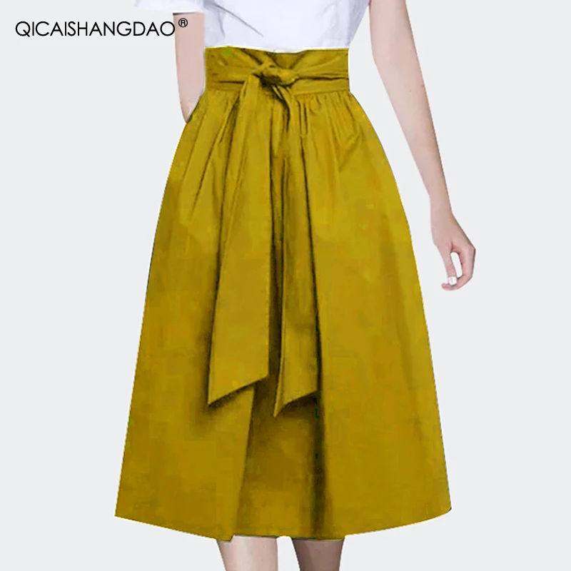 Fashion Mid-Length Solid Color Cotton Skirt Women\' Spring Summer High Waist A-line Skirts With Pockets Belt Lace-up Casual Skirt