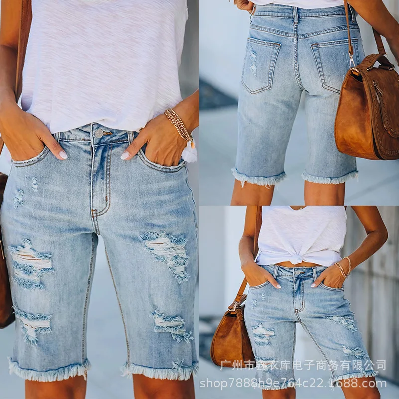 

European American Summer New New 2025 Denim Ripped Cropped Pants Wish Fashionable Frayed Hem Tasseled Jeans Women