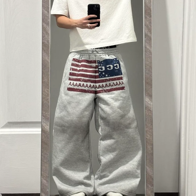 

Gray Baggy Sweatpants Grunge Style Flag Graphic Print Letter Detail Casual Streetwear Loose-Fit Comfortable Trendy Daily Bottoms