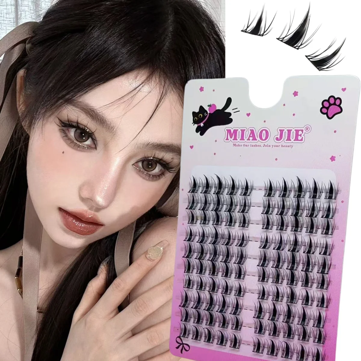 MIAOJIE Cartoon-Engel-Künstliche Wimpern, 100 Cluster, große Packung, 10-13mm, dünner schwarzer Stiel, für Anfänger, DIY-Simulationswimpern