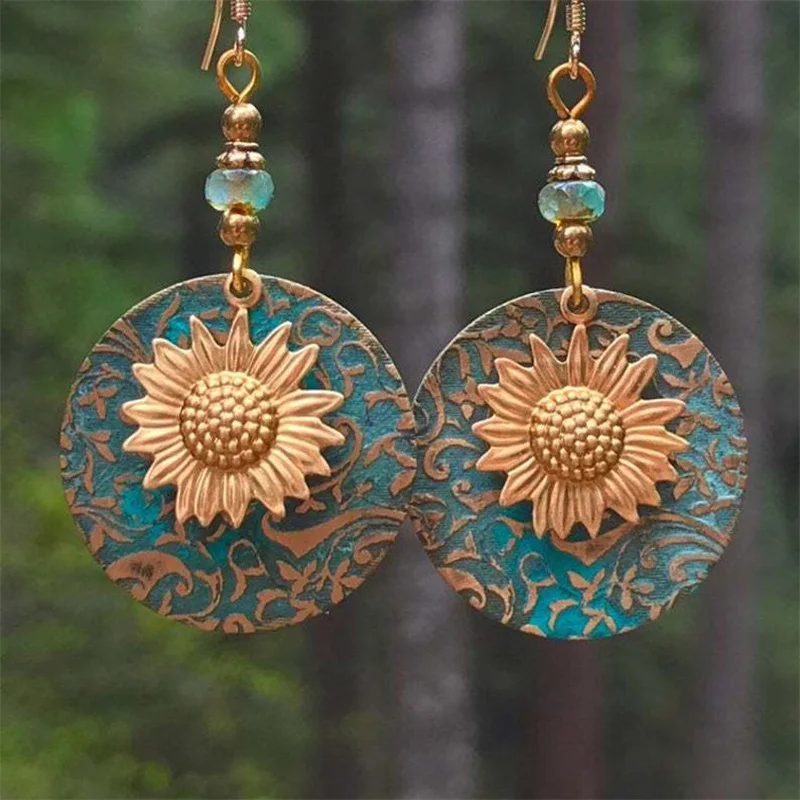 2022 New Product Retro Bohemian Color Separation Double Sunflower Delicate Pattern Earrings Retro Fashion Drop Earrings