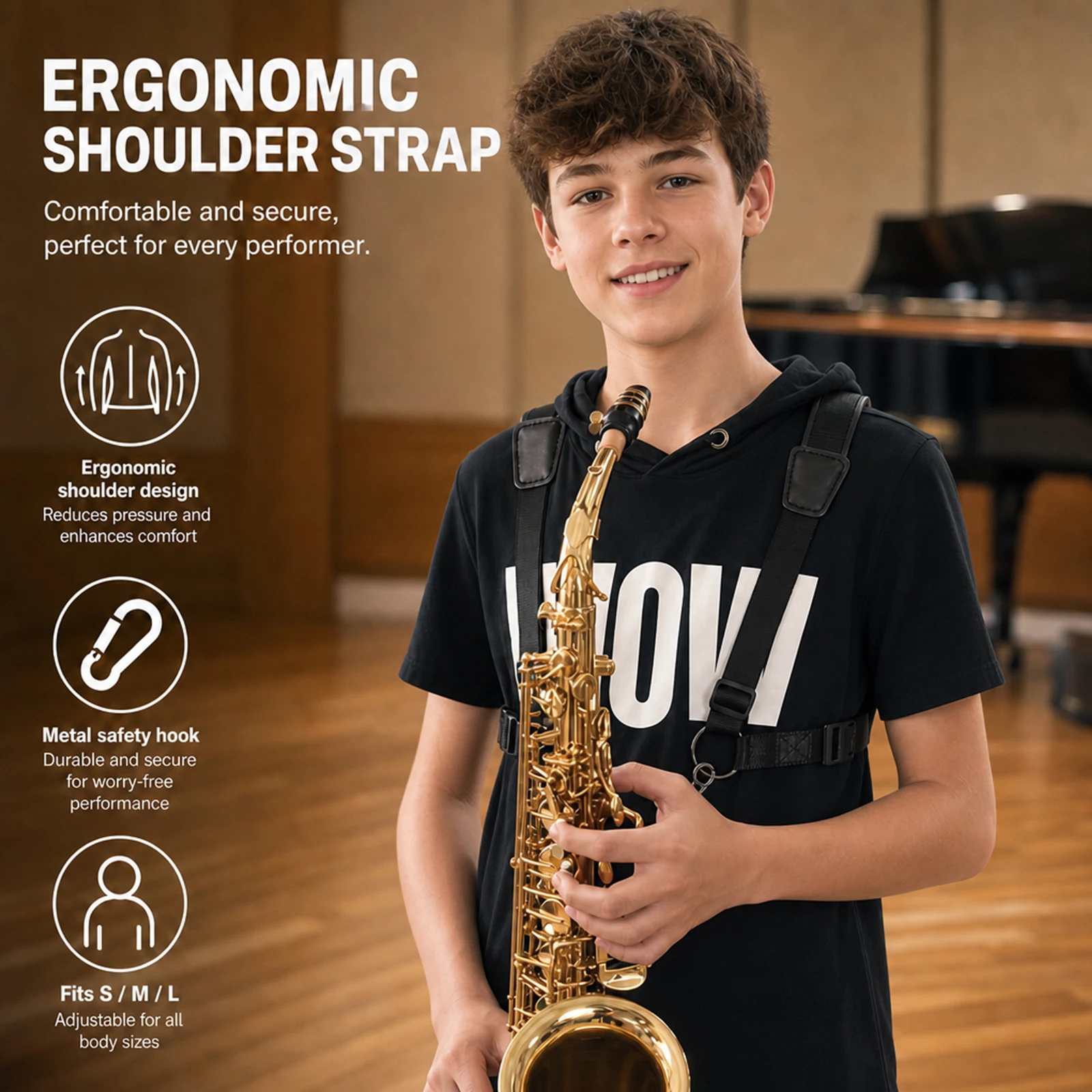 Double-Shoulder Saxophone Strap for Children, Adults, and Students, Universal Thickened, Lengthened, and Widened with Iron Hook