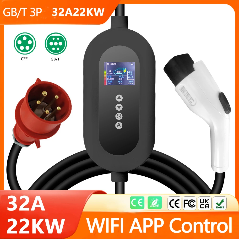 7 11 22KW Portable EV Charger GBT Electric Car Charger 32A 3Phase Wallbox Fast Charging Cable WiFi APP Bluetooth Control