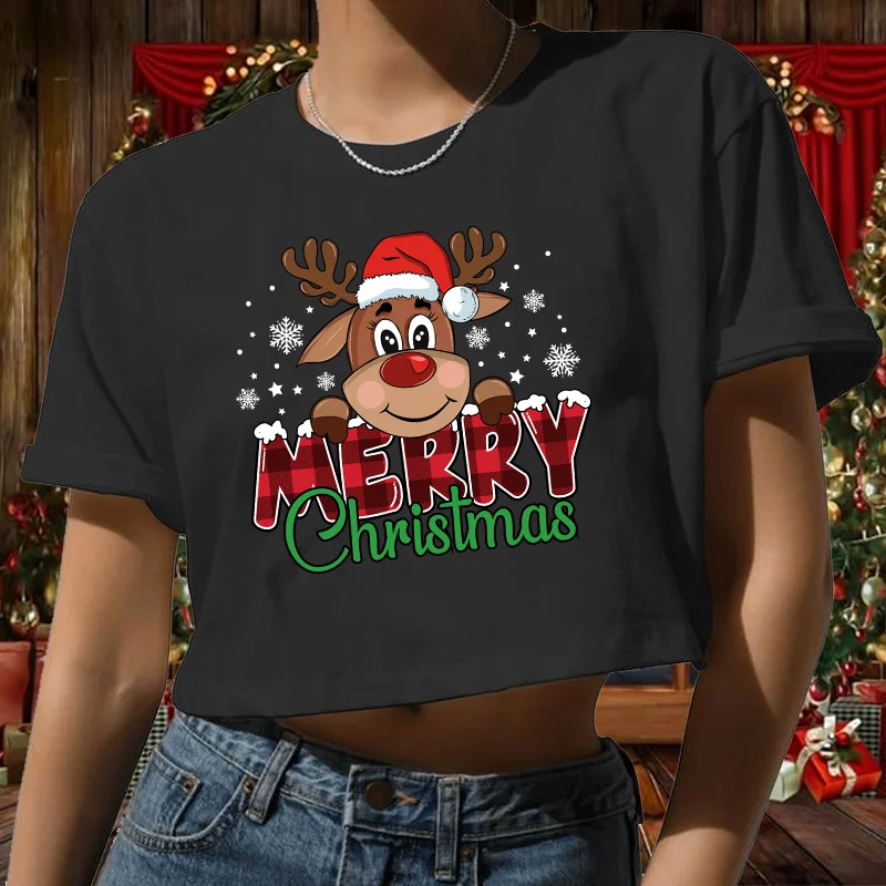 새로운 크리스마스 엘크 티셔츠 귀여운 크리스마스 엘크 패턴 반팔 티셔츠 메리 크리스마스 반팔 티셔츠 여성용 탑