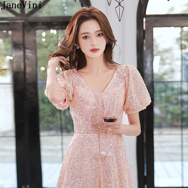 

JaneVini Sparkly Pink Sequins Prom Dresses for Women 2023 Luxury Designer Party Wear Long Evening Gowns Vestito Cerimonia Donna