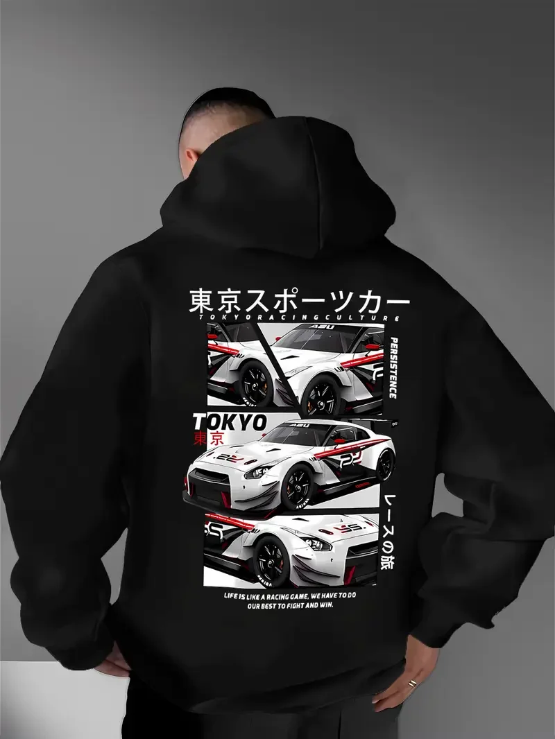 Hinter den Elementen der japanischen Tokyo Motor City steckt ein großformatiger, bedruckter Herren-Kapuzenpullover im lässigen Street-Style, ein Sweatshirt. – Detail 4