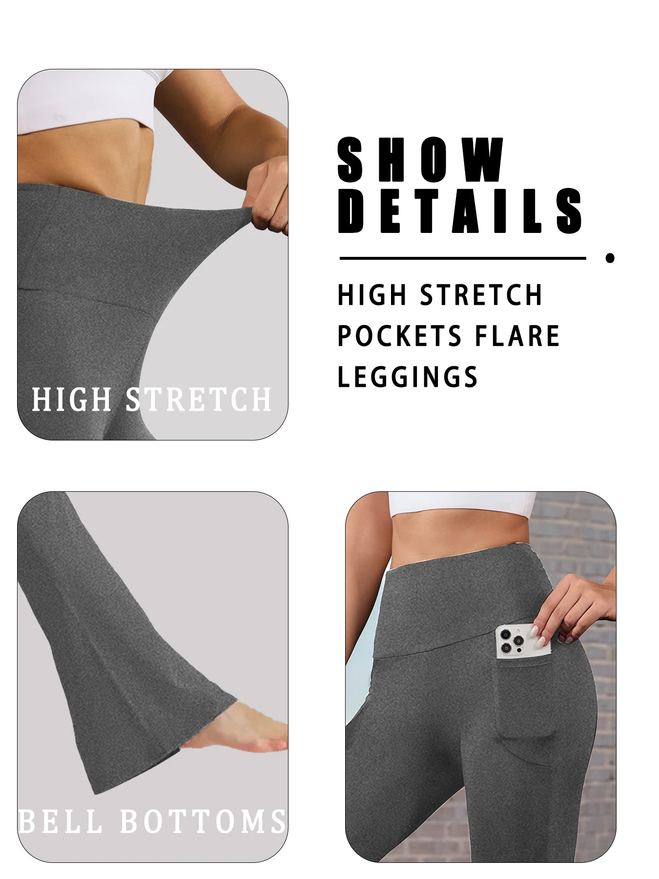 Damskie spodnie z wysokim stanem i rozszerzanymi nogawkami z kieszeniami - super miękkie, modelujące brzuch, podnoszące pośladki, idealne do jogi, na siłownię i do ćwiczeń.