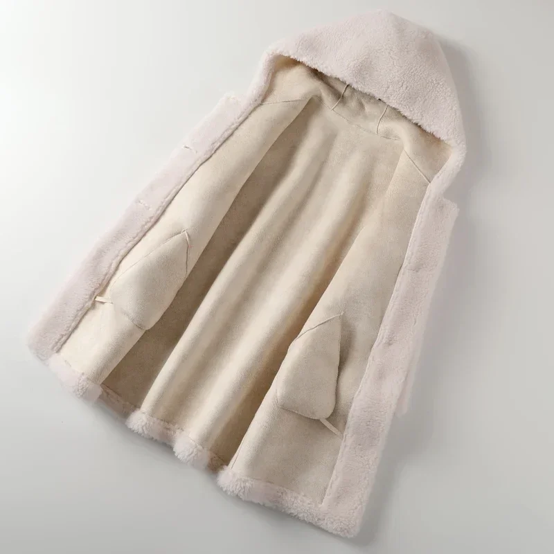 Nuevo abrigo de piel de cordero de invierno para mujer, chaqueta coreana con capucha para esquilar ovejas y gránulos, prendas de vestir exteriores cálidas holgadas de longitud media para mujer H1693