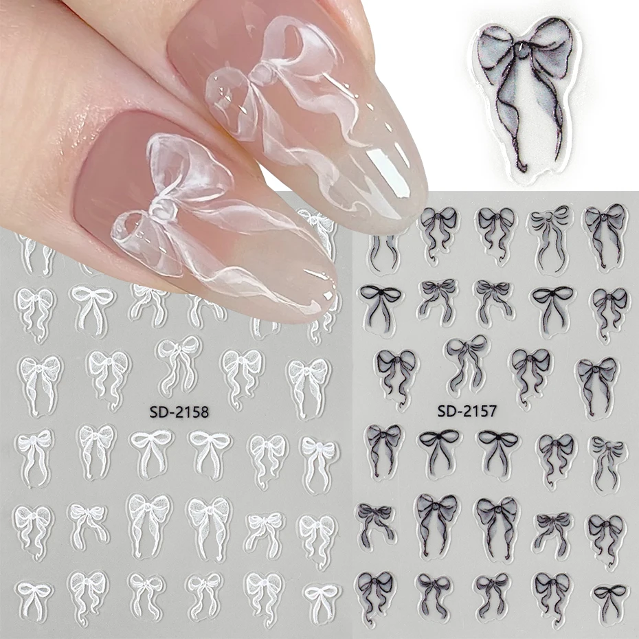 White Bow Nail Art Stickers Bowknot Wedding Designs Self-Adhesive Acrylic Decals 3D Nail Art Sliders Charms Decorations Manicure