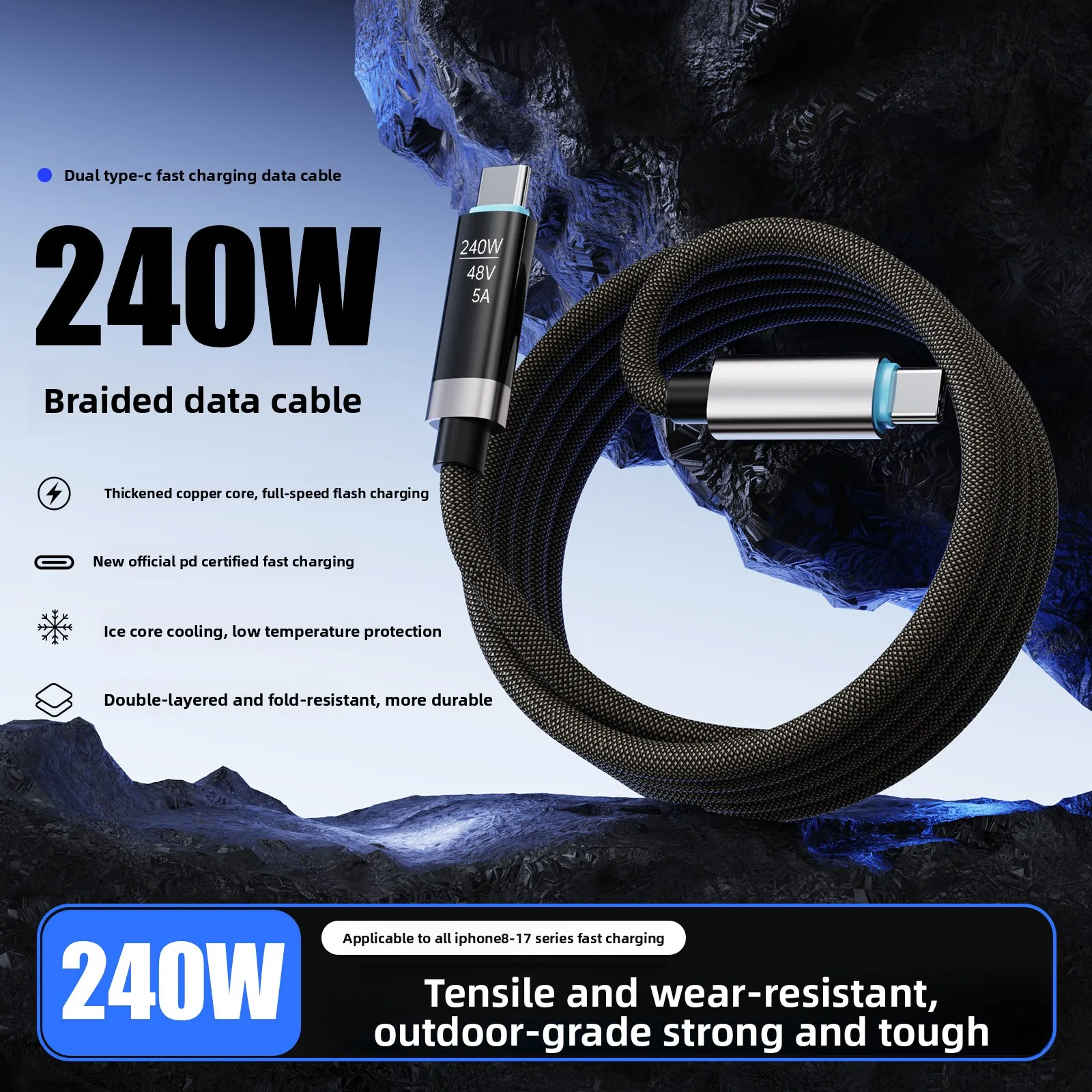 OLED high-definition digital display screen 240W C-C braided fast charging data cable suitable for Huawei/phone charging cable