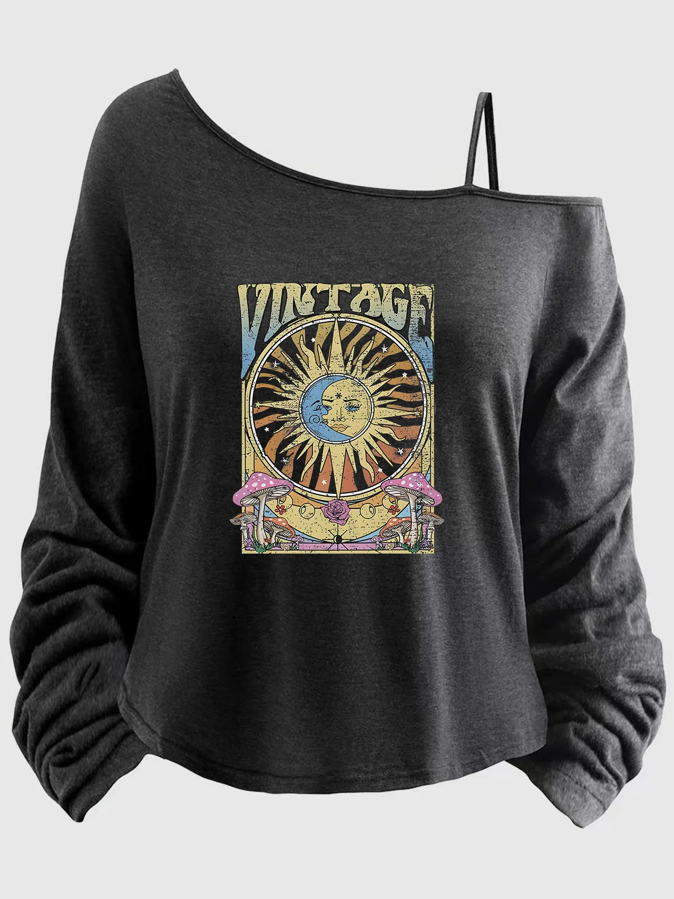 

Large-sized women’s top with printed sleeves, spaghetti straps, asymmetrical neckline, 1-8XL, letters (XT).