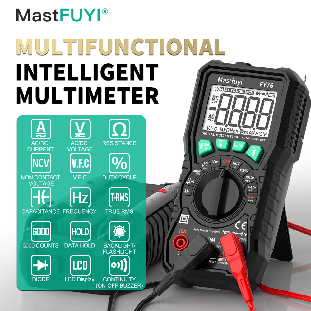 

MASTFUYI FY76 6000 Counts Clamp Meter AC DC Current Digital Multimeter VFC Duty Cycle 600V Amperimetric Clamp Electrician Tools