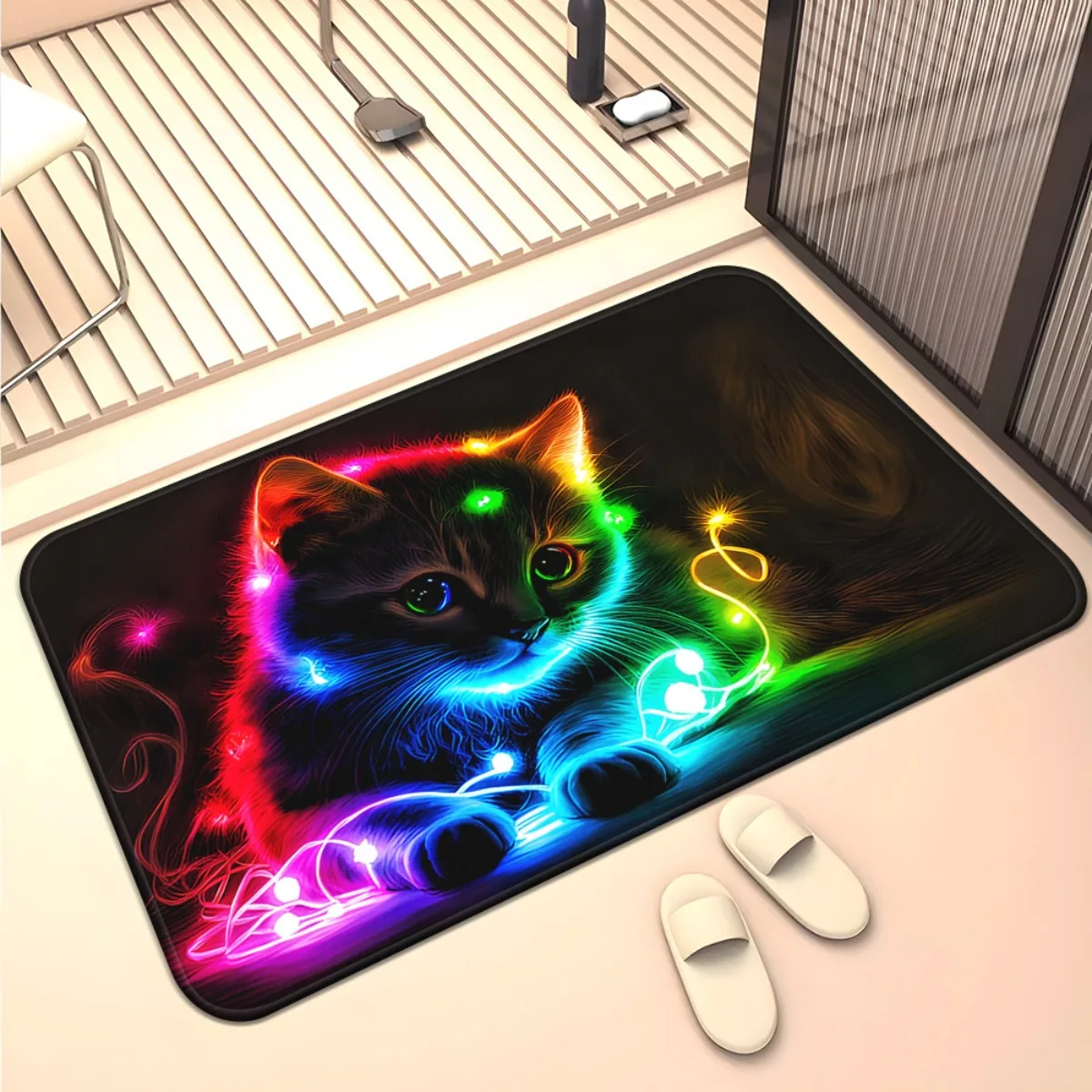 Neon Cat Glow Print Floor Mat, Non-Slip Absorbent Washable Rug for Bathroom Kitchen Garden, Artistic Pet Theme Home Decoration