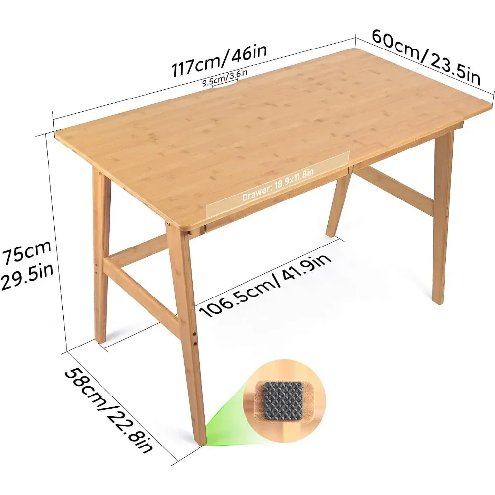 Writing Computer Desk 46" Bamboo Home Office Table with 2 Drawers, Modern Furniture Simple Study Makeup Workstation