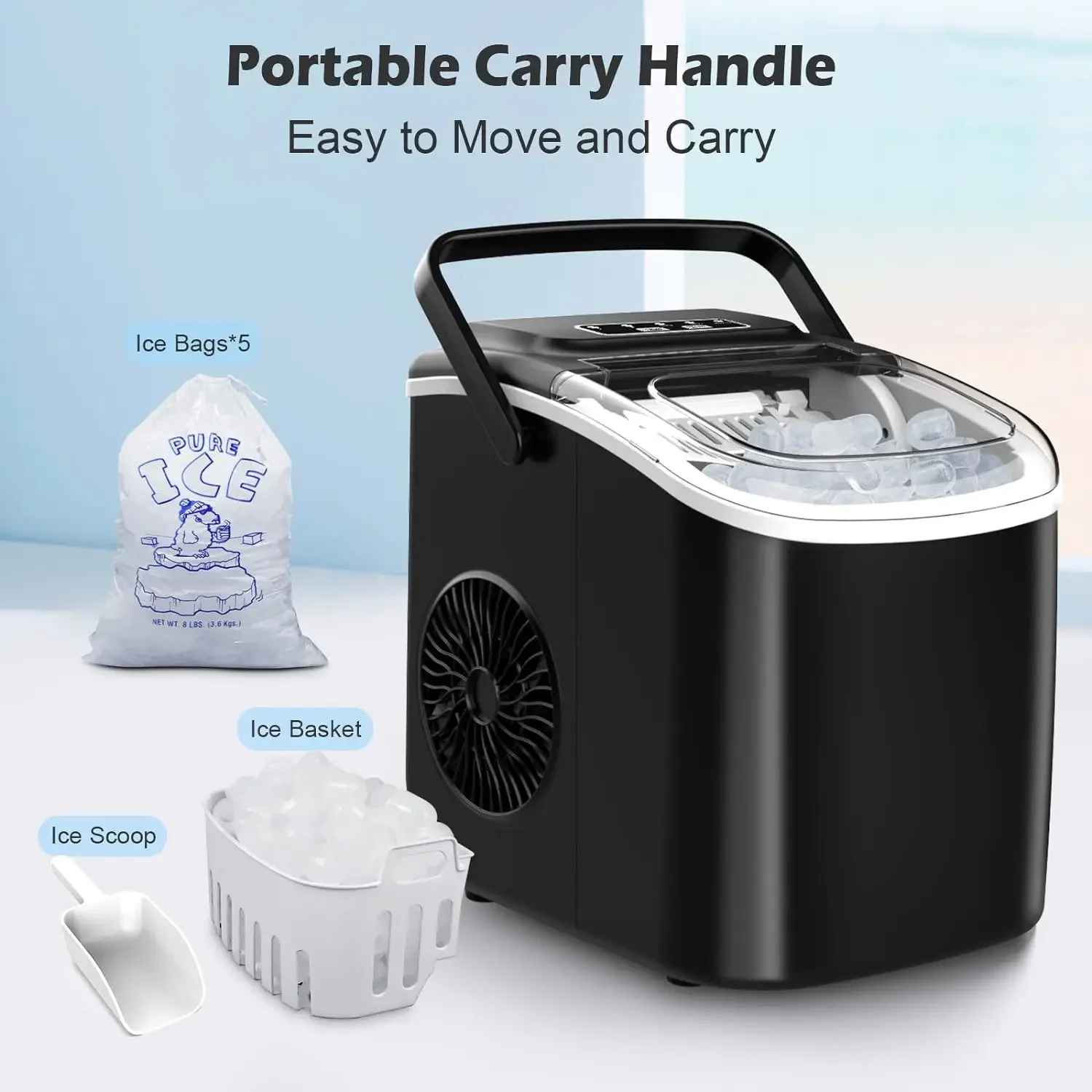 Portable Countertop Ice Maker Machine with Convenient Carry Handle, Efficient Self-Cleaning Ice Makers, Produces 9 Pellet Ice Cu