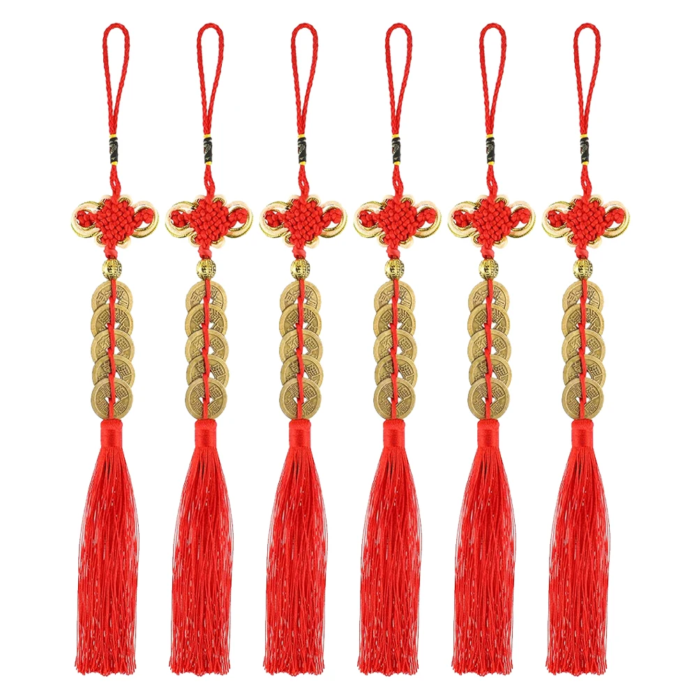 

6pcs Money Knot Decor Copper Coins Tassel Pendant Car Home Feng Shui New Year Spring Festival Hanging Decor