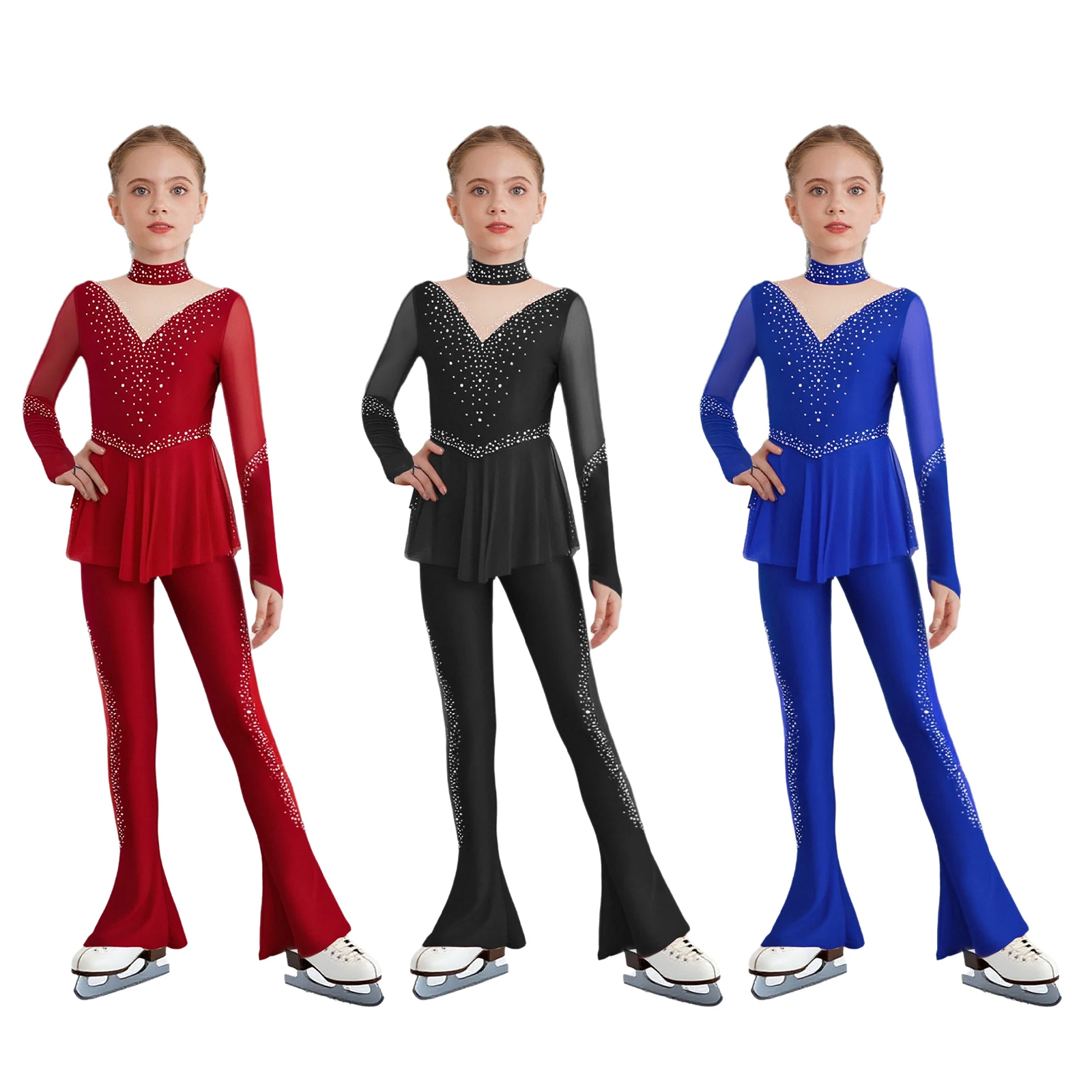 여자 피겨 스케이팅 공연 의상 긴 소매 라인스톤 메쉬 점프수트 발레 체조 무대 의상