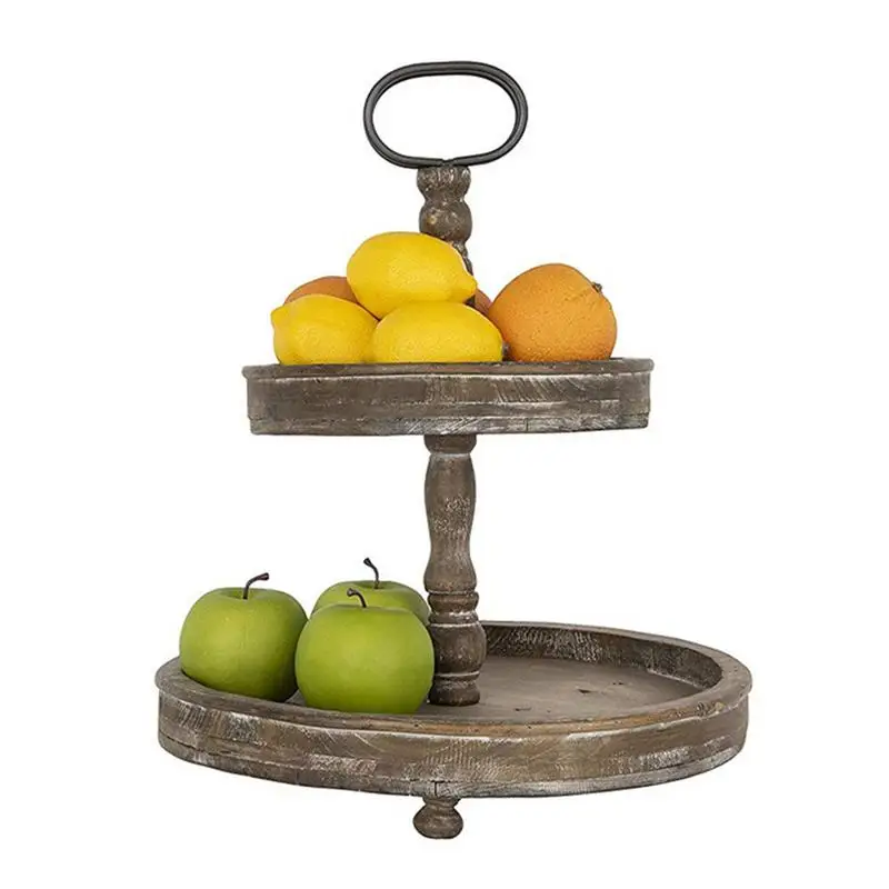 Antique Double Layer Pastry Tray Retro Kitchen Round Wooden Pallet Fruits Plate Afternoon Tea Dessert Serving Tray Table Decor