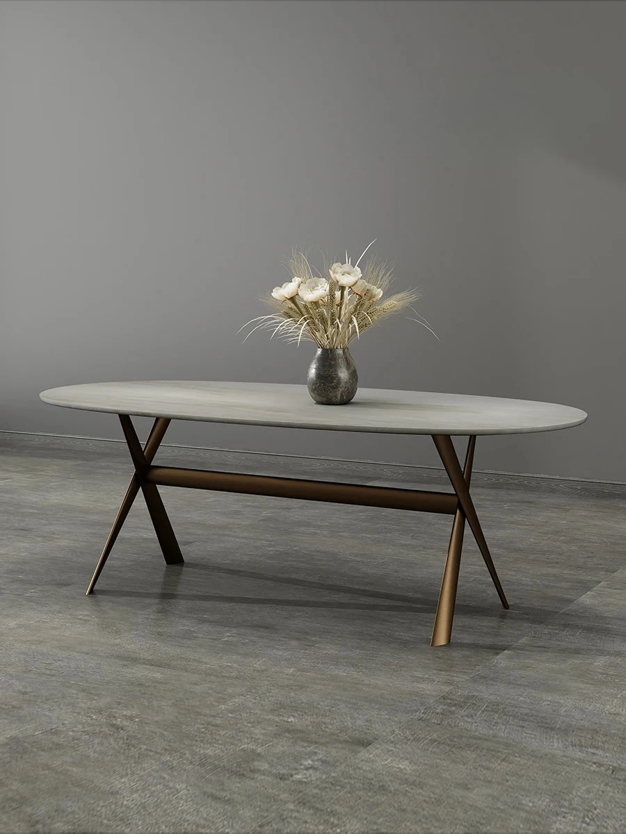 

Italian Minimalist Oval Marble Dining-Table Light Luxury Large Flat Designer Model Rectangular Dining Table
