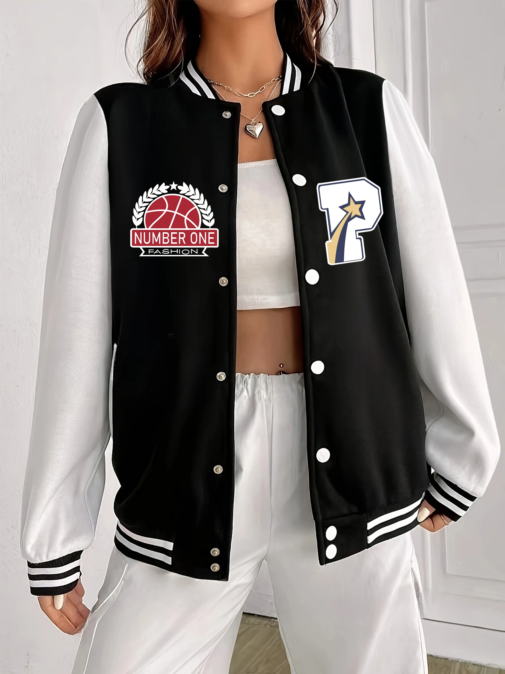 Numero uno Moda Lettera P Stampato Uniforme da baseball Donna Giacca sportiva ampia in pile oversize Streetwear Abiti autunnali
