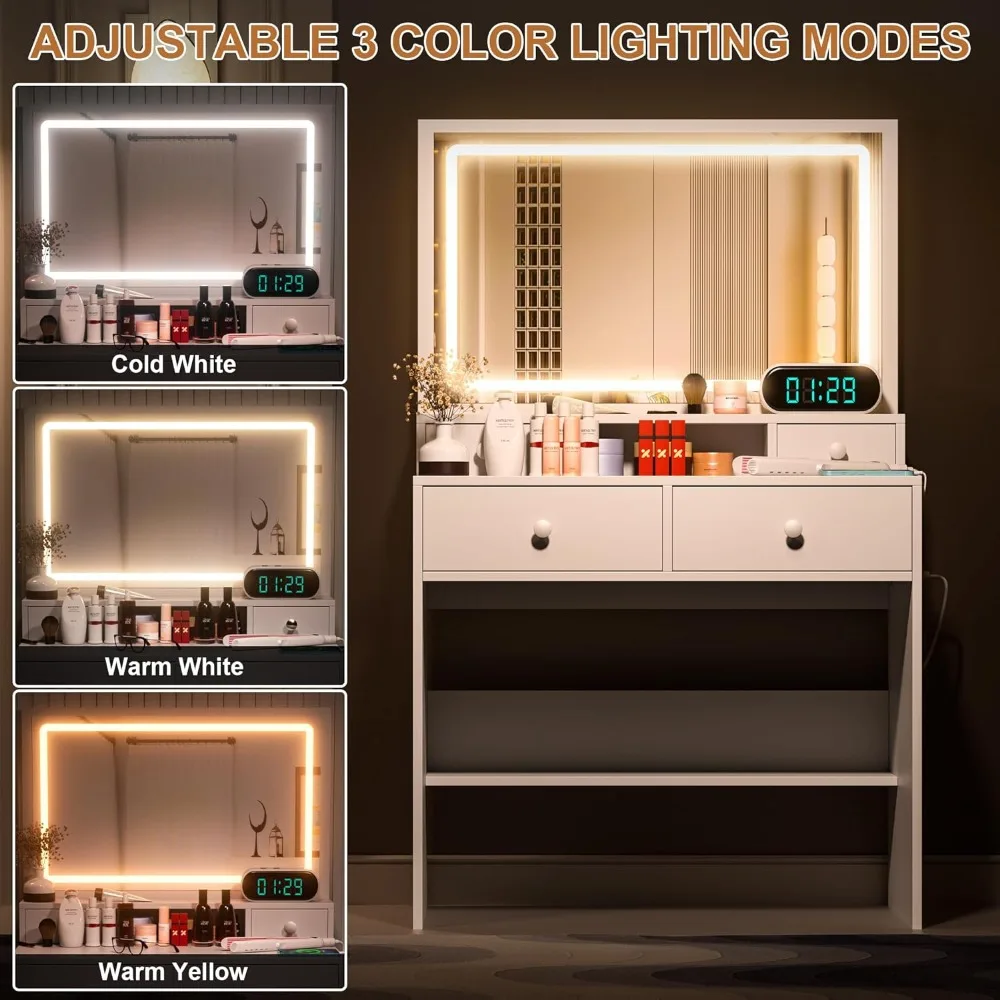 Vanity Desk Set com espelho iluminado LED e Power Outlet, Dressing Makeup Table, Storage Stool, 4 White Drawer for Bedroom