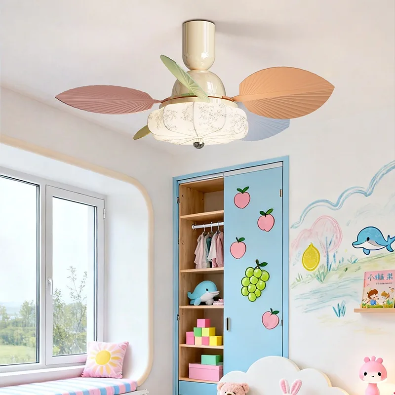 Cartoon Macaron Leaf Shape LED Fan Light Kids Room Fan Chandelier Simple Modern Interior Decor Lamp For Bedroom Home Lighting