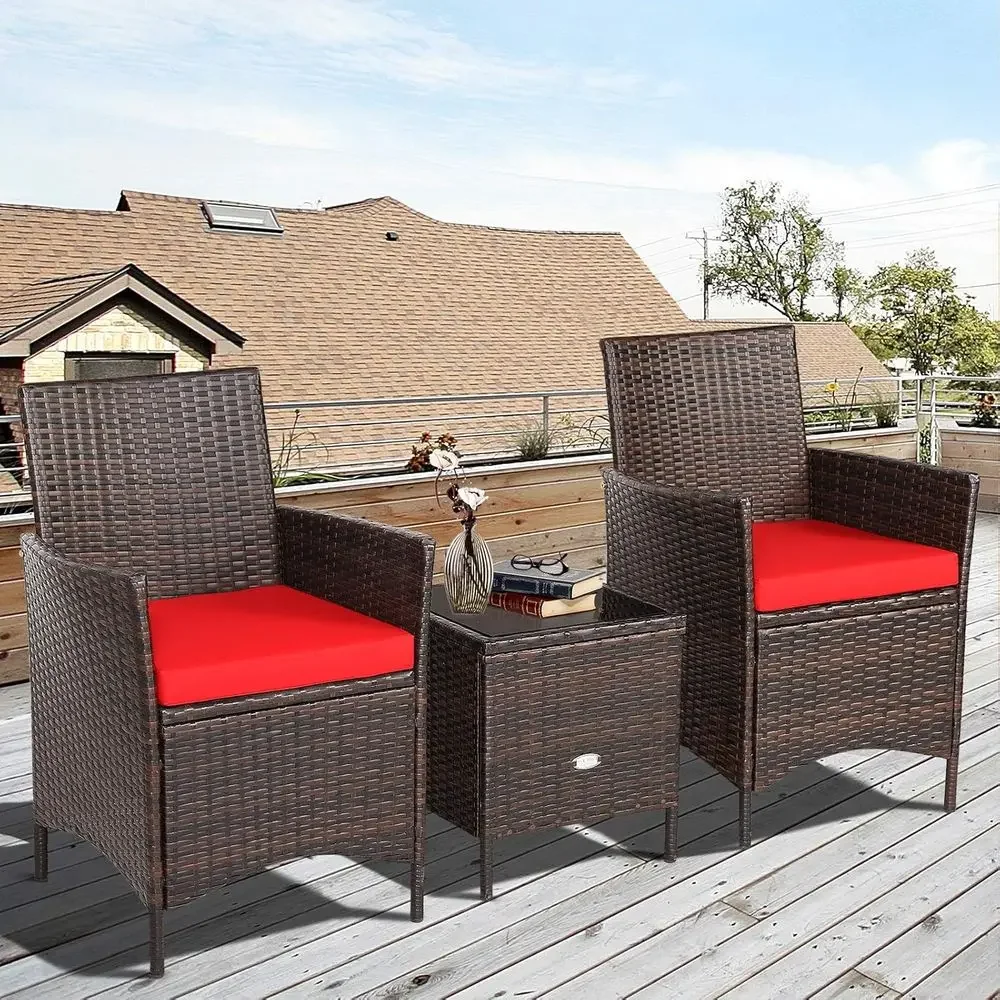 All-Weather Wicker Patio Set with Glass Top Coffee Table and Cushions for Outdoor, Garden, or Poolside Use (Red)