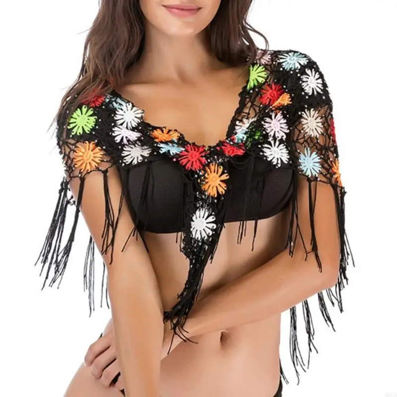 

M6CD Flower Crochet Triangular Scarf Wrap For Women Swimwears Coverup Hollowed Knit Bathing Suit Coverup Wrap with Tassels