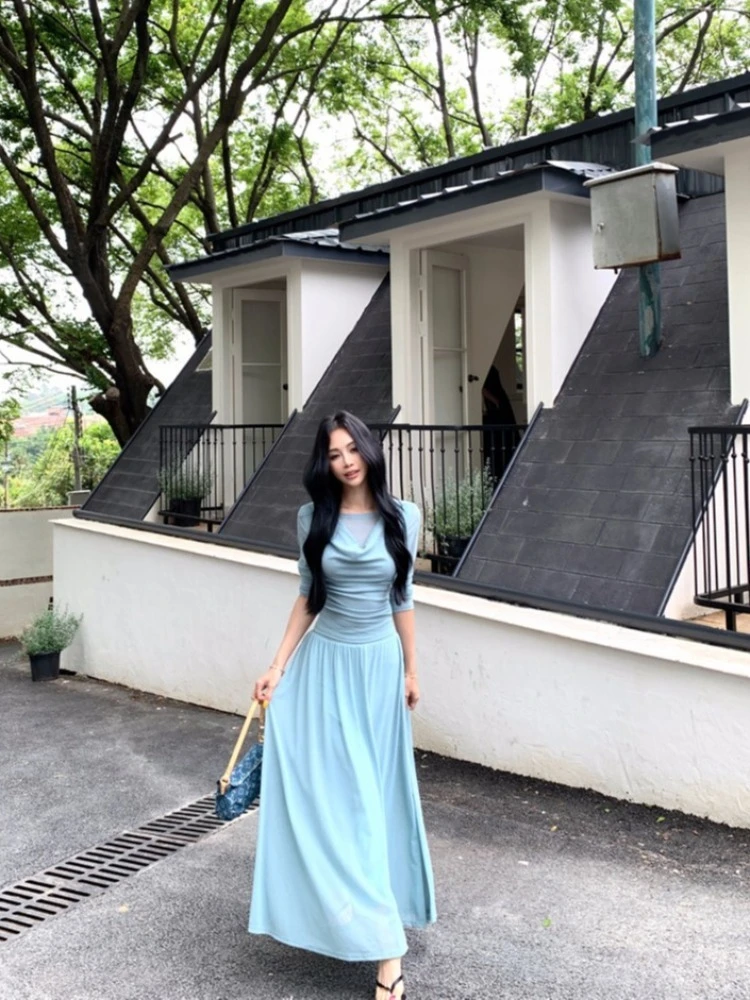 

Women's Summer Fashion Set Solid Color Swing Collar Long Sleeve T-shirt High Waist Big Swing Half Skirt Gentle 2Piece Set