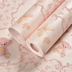 Self-adhesive paper cartoon wallpaper Warm pink cute children's room Girl bedroom background wall wallpaper