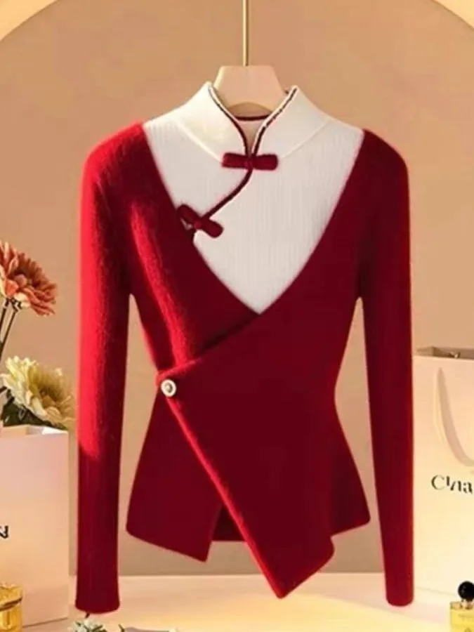 

New Year Red Women's Knitted Open Cardigan Sweater Autumn Winter Faionable Slim Fit Chinese Sle Polyester Fiber Long Sve