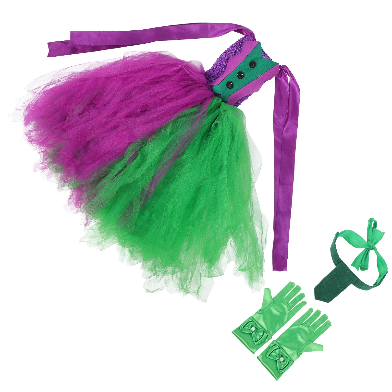 

Clown Costume Set Tutu Skirt Sleeveless Dress Gloves Necktie for Girls Halloween Cosplay Performance Bright Fabric XL 8 9Y