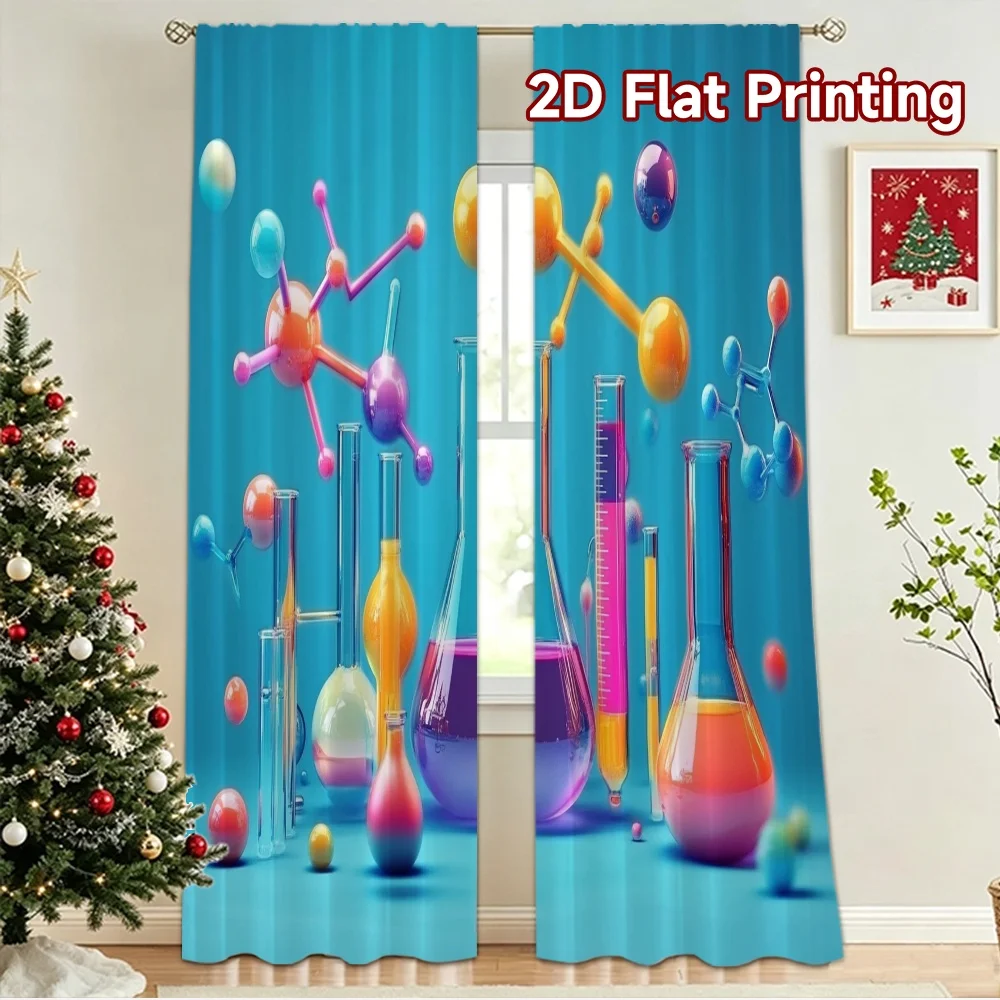 2D flat 2pcs Curtain French Romantic Style Colorful Chemistry Lab Glassware Digitally printed polyester, colorfast Festive