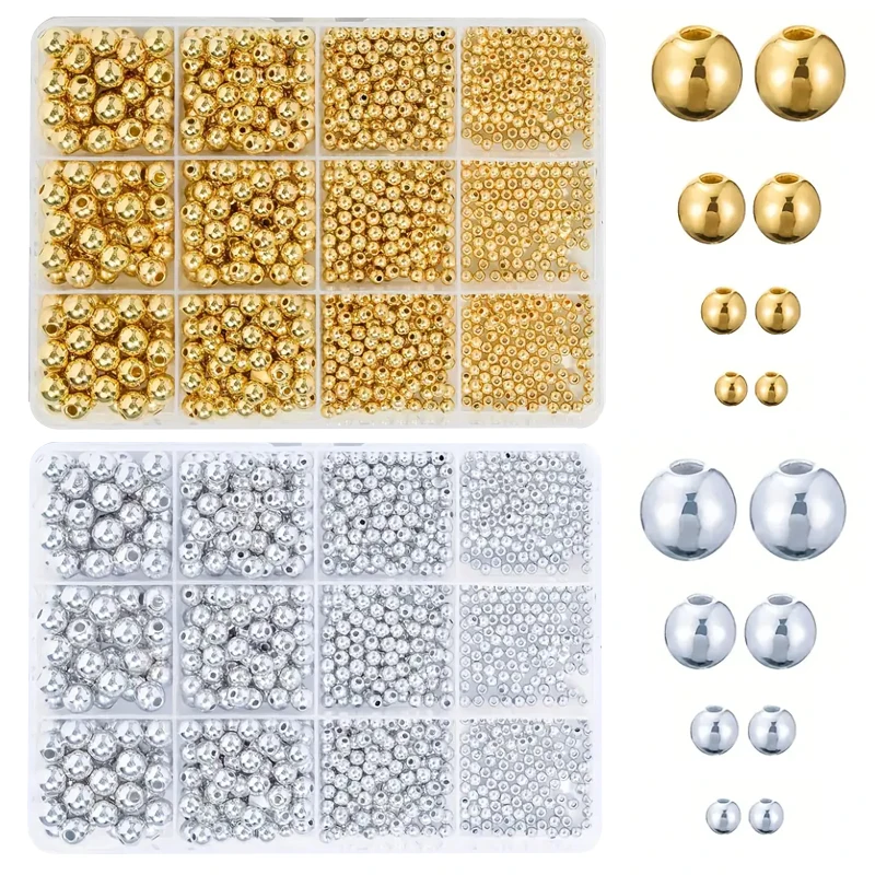 2200/1100pcs 3/4/6/8mm Golden, Silvery, Round Bead Set Box, Can Be Used to Make Bracelet Spacer Beads, DIY Production Supplies