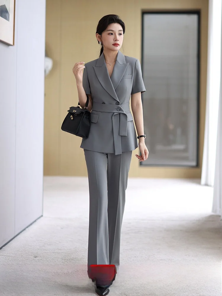 

Gray Elegant Short Sleeve Suit Set for Women YSJX Commute Style Business Casual Top Quality Acetate Fabric Summer New Arrival