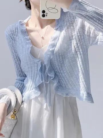 레이스 트림 원 버튼 긴 소매 자르기 탑 여성 반팔 오픈 프론트 립 니트 카디건 스웨터 여름 Fairycore 복장