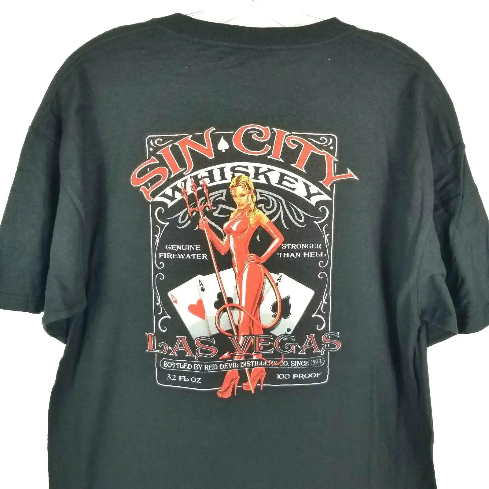 Las Vegas Sin City Whiskey T Shirt Men's Size L Aces Poker Sexy Red Devil Black vintage Washed graphic Casual Versatile