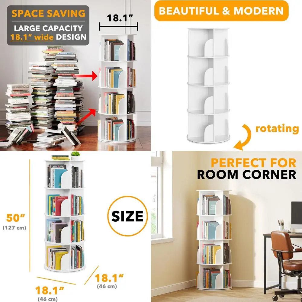 

Белая 4-ярусная вращающаяся книжная башня, на 360° ° Вращающийся книжный шкаф, вертикальный угловой органайзер со спиральным дизайном