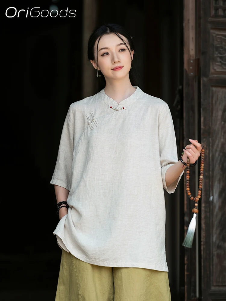 OriGoods Lyocell Linen Blouse Chinese Style Vintage Summer Shirt Women 2025 New Japanese Zen Clothes Nun Linen Tops Shirt C132