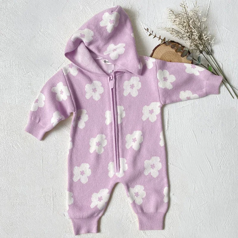 الرضع فتاة مقنعين متماسكة بذلة الخريف الطفل متماسكة رومبير سستة الوليد زهرة طباعة سترة هوديي طويلة الأكمام طفل الملابس #2