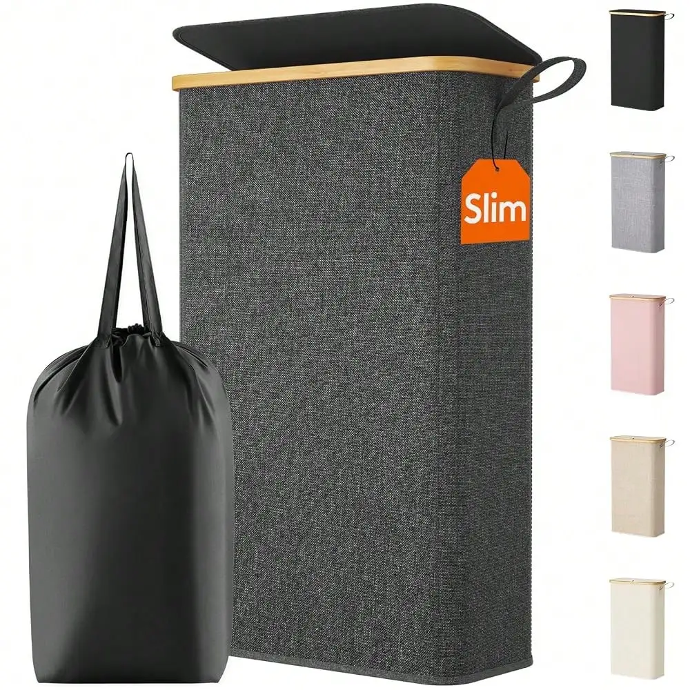 Laundry Hamper With Lid, Narrow Laundry Basket With Removable Bag & Bamboo Handles, Fodable Thin Dirty Clothes Hamper For Laundry Collapsible Bin For Bathroom Bedroom Dorm, Dark Gray