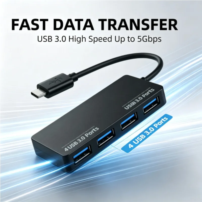 Ultra-Thin USB 3.1 Type-C to Four-Port 3.0 HUB Adapter One-To-Four Expansion USB Splitter for Data Transfer And Charging