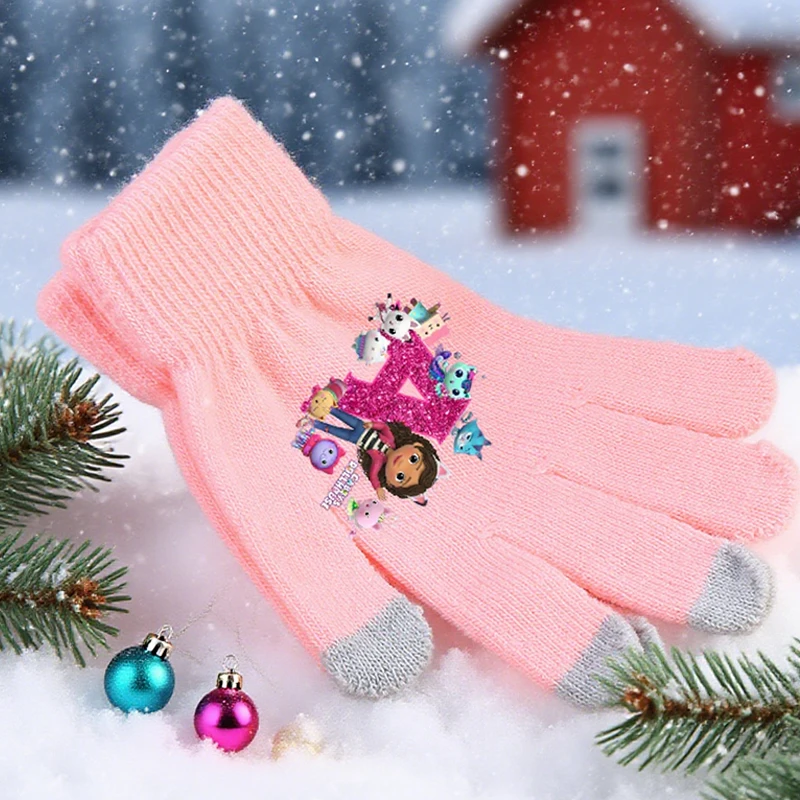 

Gabby Dollhouses Knitted Gloves Boys Girls Letter Printed Keep Warm Autumn Winter Bicycle Touch Screens anime Gloves Kids Gifts