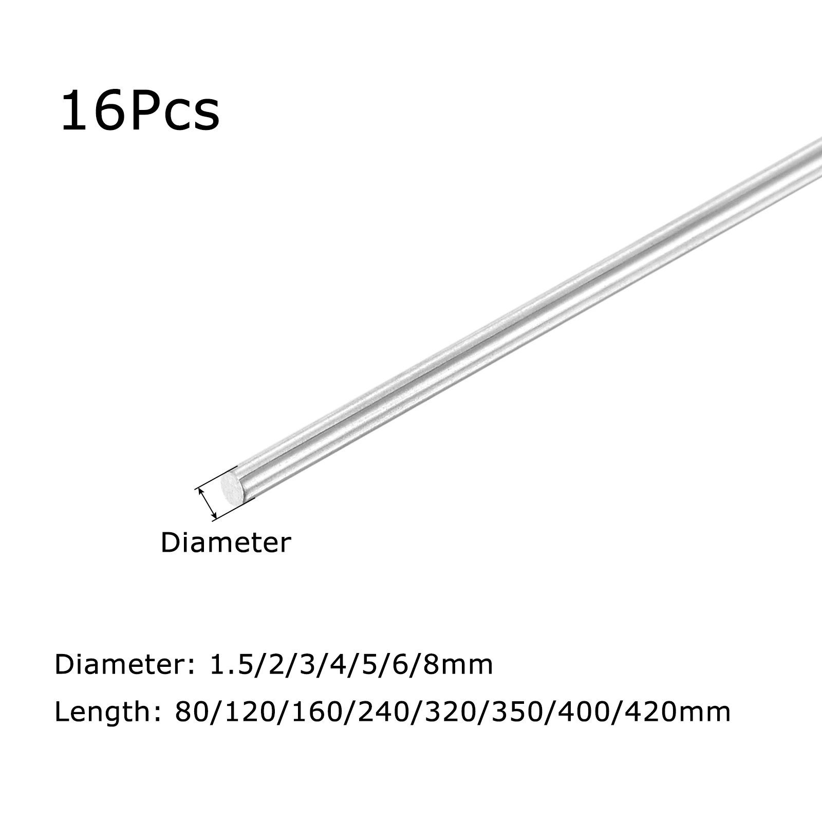 16Pcs 304 Stainless Steel Rods 1.5/2/3/4/5/6/8mm Diameter Linear Shaft Solid Round Rod Bars for DIY Craft Model Car Helicopter